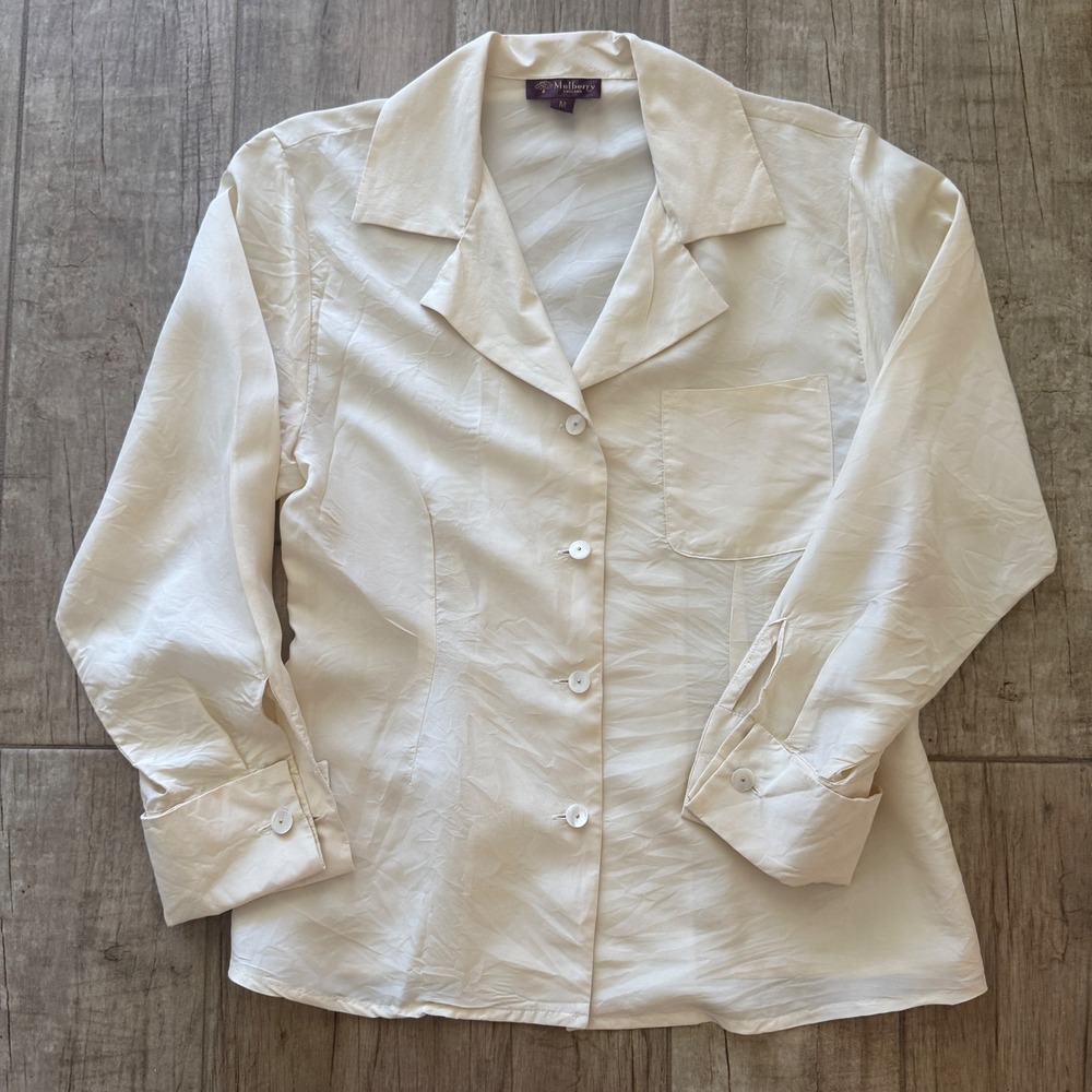 Mulberry England Cream Silk Notched Lapel Button‎ Blouse Long Sleeve
